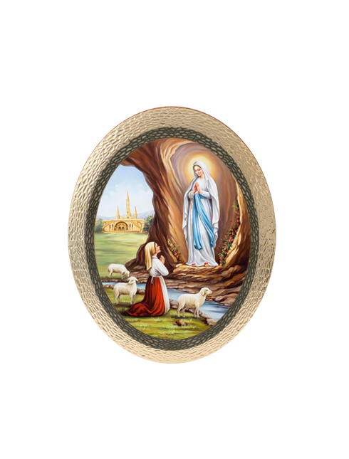 Quadro Ovale Madonna di Lourdes in Polimero Effetto Legno Sfaccettato