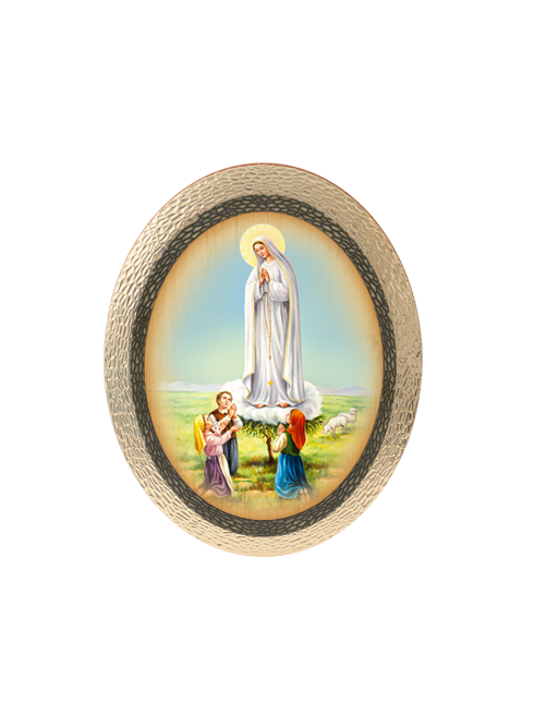 Quadro Ovale Madonna di Fatima in Polimero Effetto Legno Sfaccettato