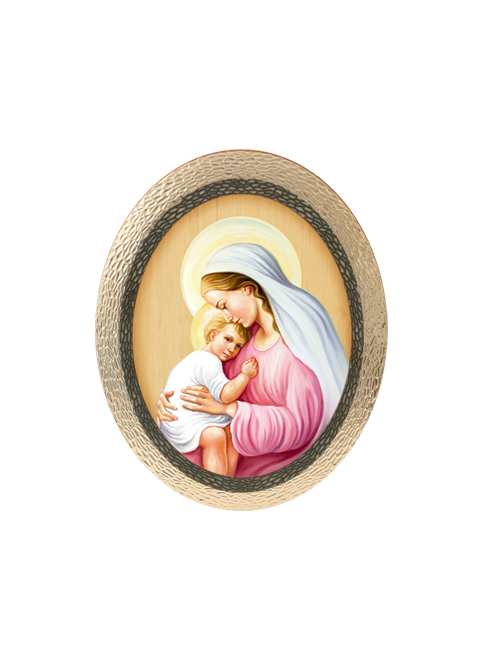 Quadro Ovale Madonna con Bambino in Polimero Effetto Legno Sfaccettato