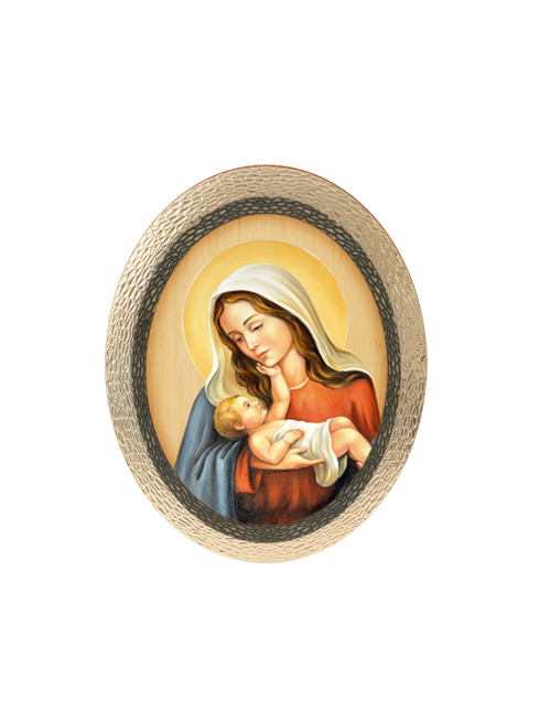Quadro Ovale Madonna con Bambino in Polimero Effetto Legno Sfaccettato