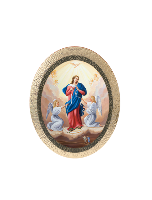 Quadro Ovale Madonna che Scioglie i Nodi in Polimero Effetto Legno Sfaccettato