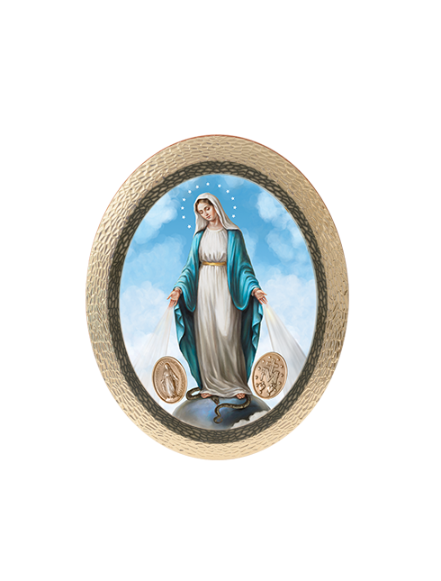 Quadro Ovale Madonna Miracolosa con Medaglie in Polimero Effetto Legno Sfaccettato