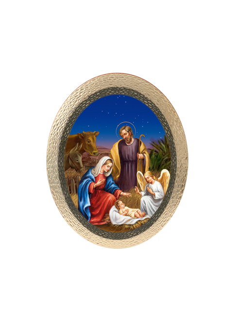 Quadro Ovale Natività in Polimero Effetto Legno Sfaccettato