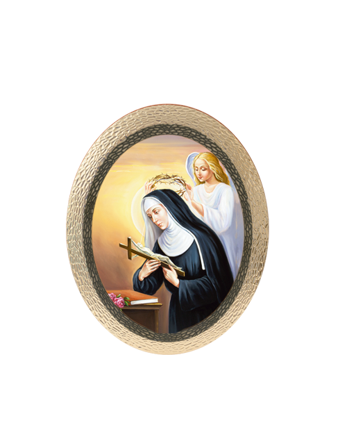 Quadro Ovale Santa Rita da Cascia in Polimero Effetto Legno Sfaccettato
