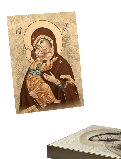 Quadro Madonna Bizantina con Bambino in Tela Effetto Dipinto con Telaio in Legno