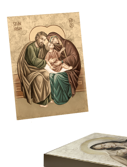 Quadro Sacra Famiglia Bizantina in Tela Effetto Dipinto con Telaio in Legno