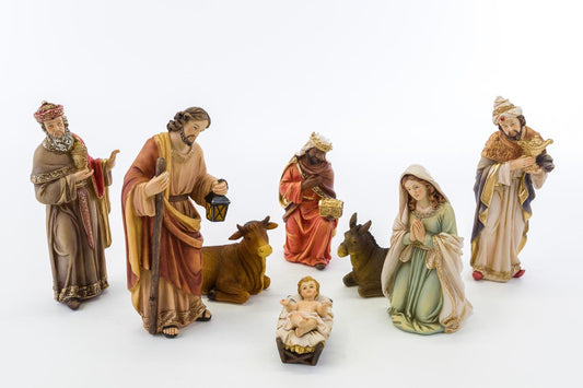 Set Statue Natività Presepe Completo 8 Pezzi in resina decorato a mano 20 cm.