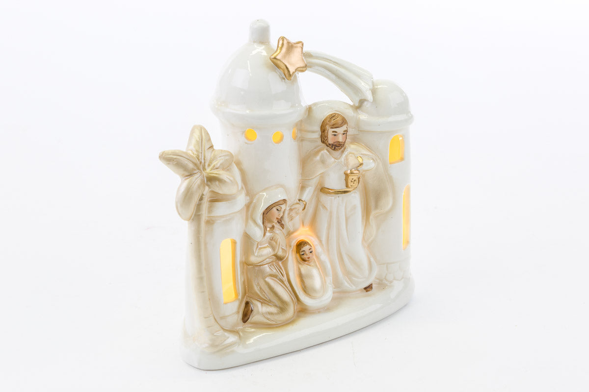 Statua Natività Paesaggio in Porcellana Colorata con Luci a Led 15,5 cm