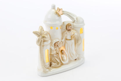 Statua Natività Paesaggio in Porcellana Colorata con Luci a Led 15,5 cm