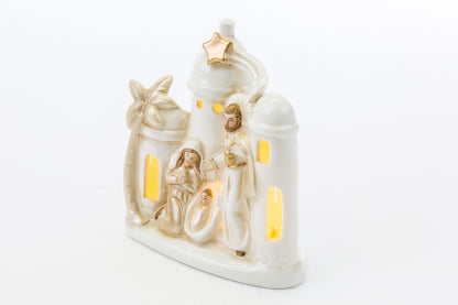 Statua Natività Paesaggio in Porcellana Colorata con Luci a Led 15,5 cm