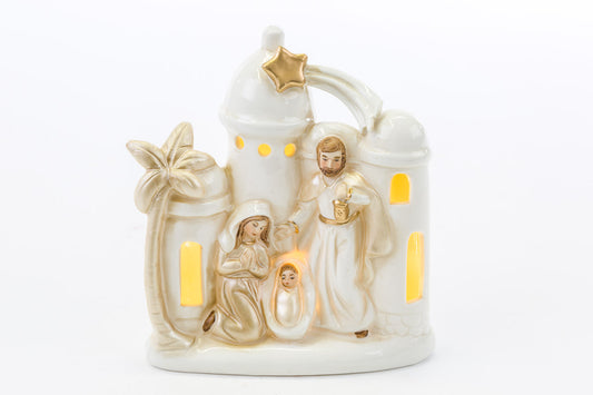 Statua Natività Paesaggio in Porcellana Colorata con Luci a Led 15,5 cm