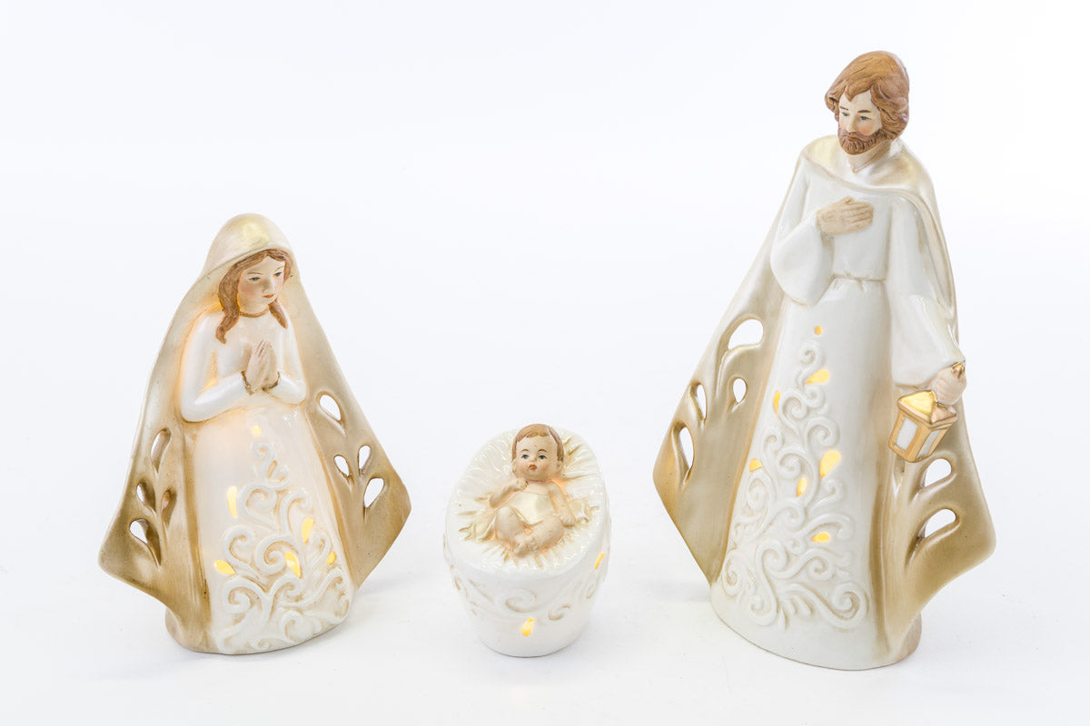 Set Statue Natività Presepe 3 Pezzi in Porcellana con Luci a Led 23 cm