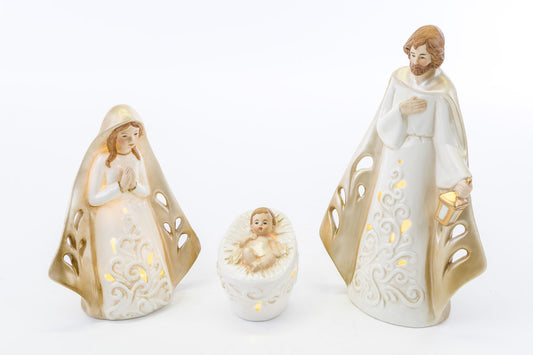Set Statue Natività Presepe 3 Pezzi in Porcellana con Luci a Led 23 cm