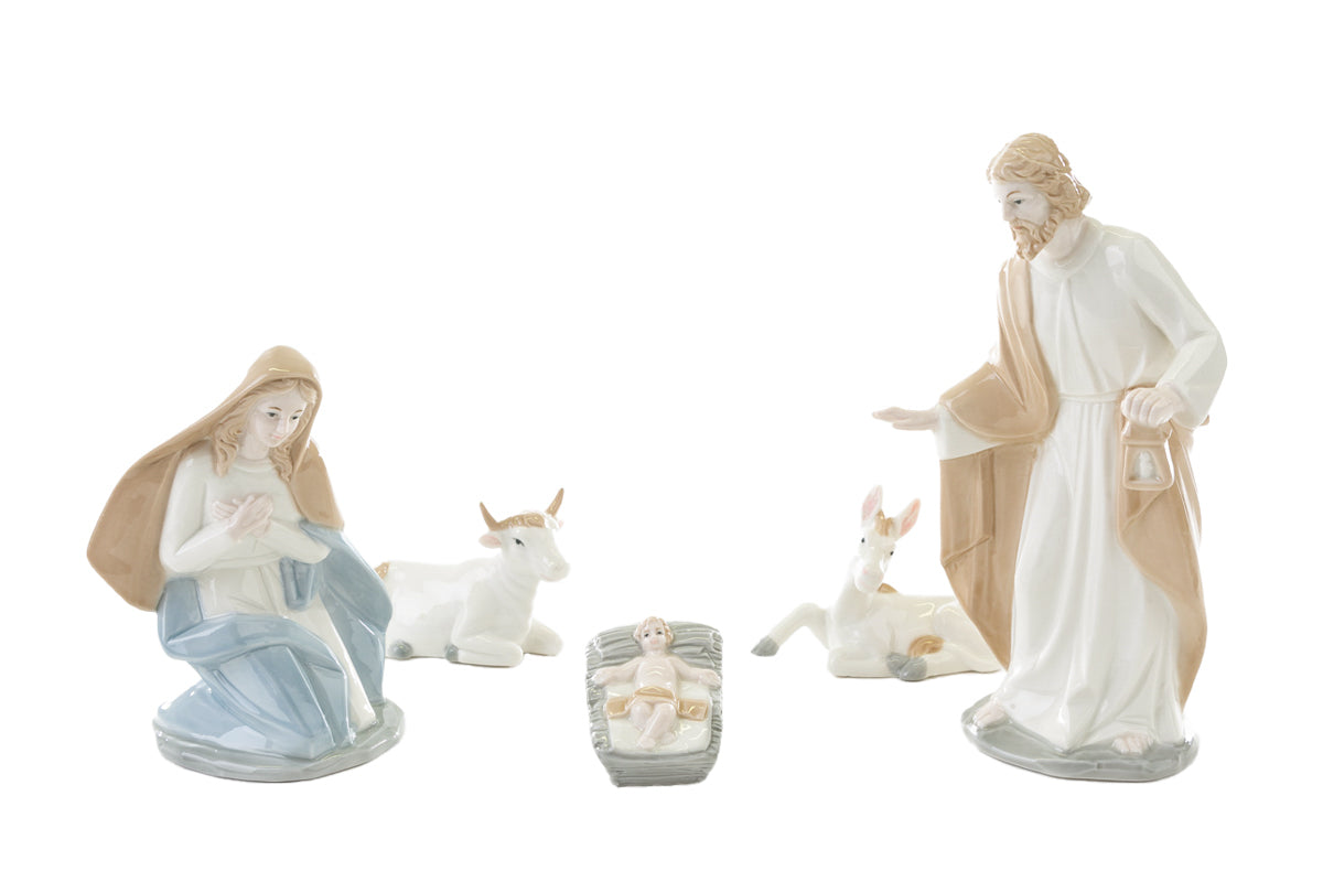 Set Statue Natività Presepe Completo 5 Pezzi in Porcellana Lucida 20 cm