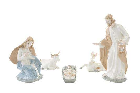 Set Statue Natività Presepe Completo 5 Pezzi in Porcellana Lucida 20 cm
