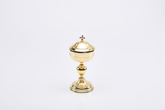 Pisside con Croce in Ottone Oro Satinato e Coppa Lucida Altezza 19 Centimetri