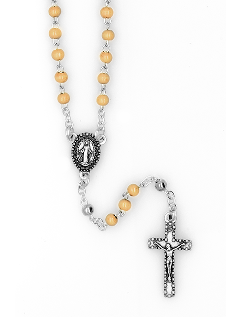 Rosario Madonna Miracolosa in Metallo con Pater Argentati e Grani in Legno 4 Millimetri