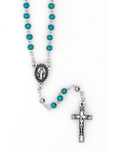 Rosario Madonna Miracolosa in Metallo con Pater Argentati e Grani in Legno 4 Millimetri