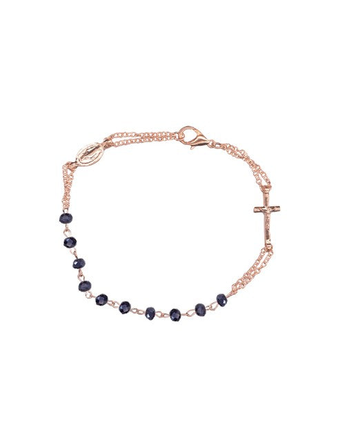 Bracciale Finitura Oro Rosa in Semi Cristallo con Medaglia Miracolosa e Croce