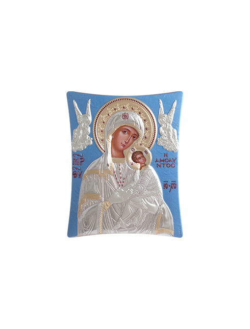 Icona Ortodossa Madonna con Bambino Quadretto in Legno e Argento