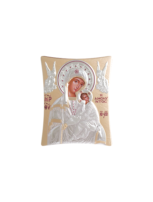 Icona Ortodossa Madonna con Bambino Quadretto in Legno e Argento