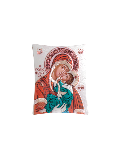 Icona Ortodossa Madonna con Bambino Quadretto in Legno e Argento