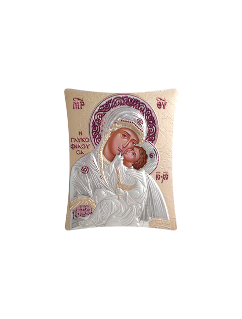 Icona Ortodossa Madonna con Bambino Quadretto in Legno e Argento