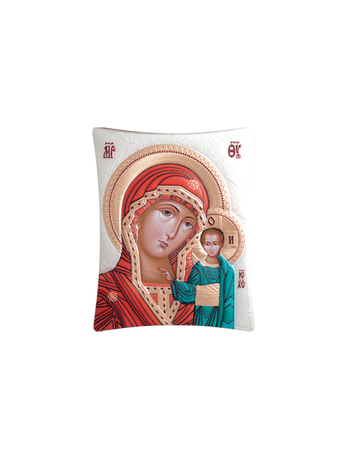 Icona Ortodossa Madonna con Bambino Quadretto in Legno e Argento