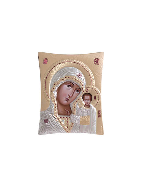 Icona Ortodossa Madonna con Bambino Quadretto in Legno e Argento