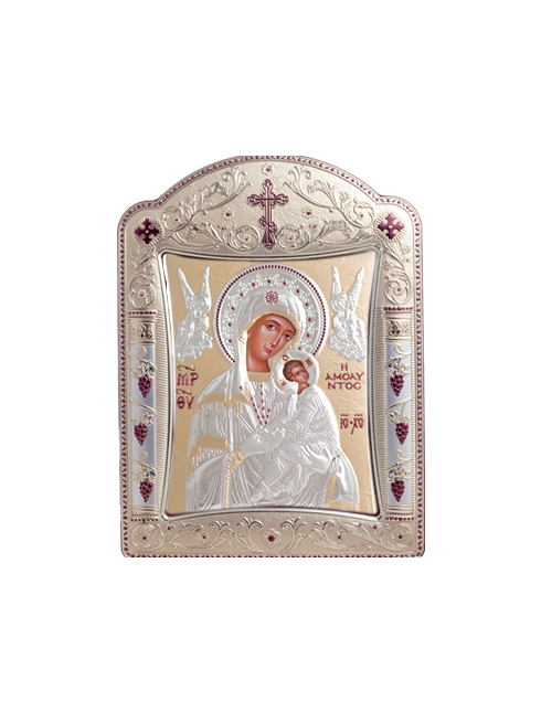 Icona Ortodossa Madonna con Bambino Quadretto in Legno e Argento con Vetro