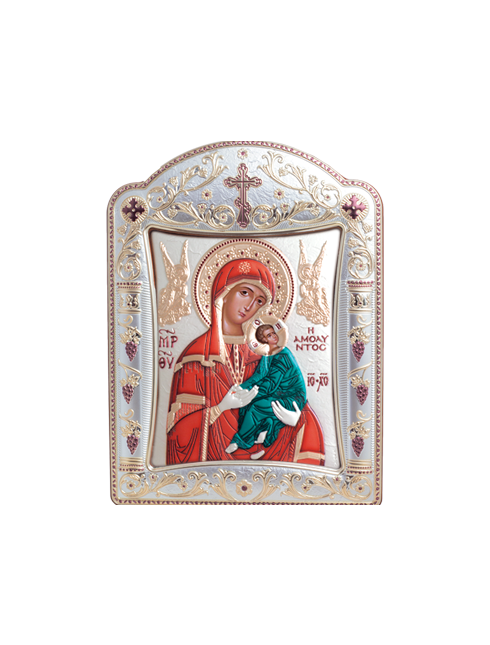 Icona Ortodossa Madonna con Bambino Quadretto in Legno e Argento con Vetro