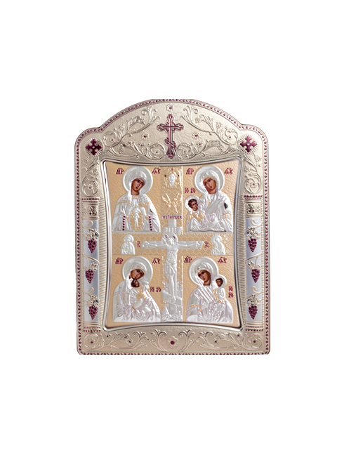 Icona Ortodossa Crocifisso con Madonne Quadretto in Legno e Argento con Vetro