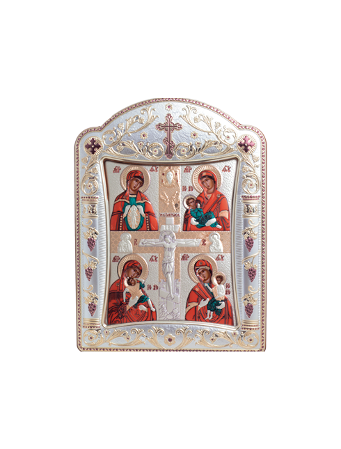 Icona Ortodossa Crocifisso con Madonne Quadretto in Legno e Argento con Vetro