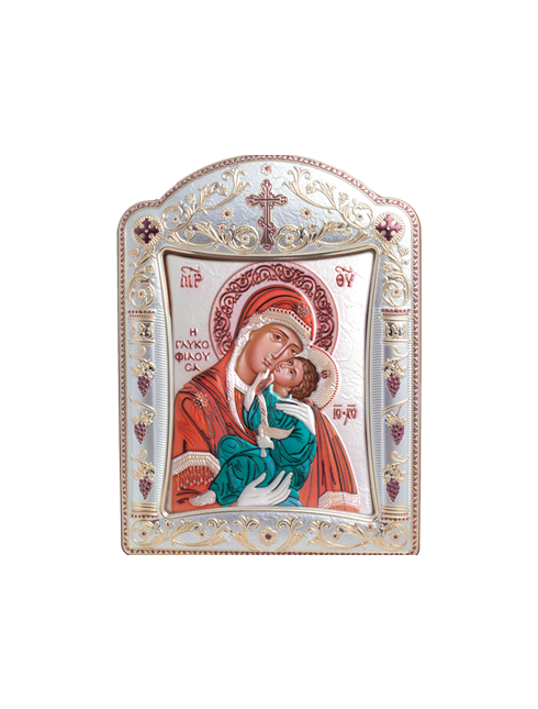Icona Ortodossa Madonna con Bambino Quadretto in Legno e Argento con Vetro