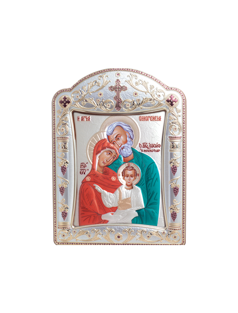 Icona Ortodossa Sacra Famiglia Quadretto in Legno e Argento con Vetro
