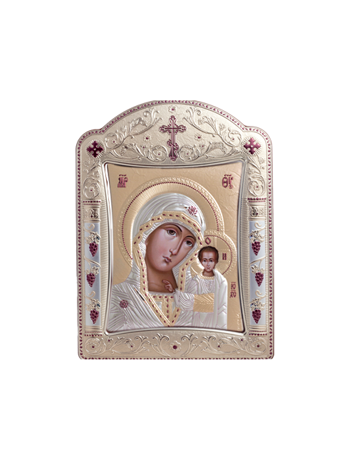 Icona Ortodossa Madonna con Bambino Quadretto in Legno e Argento con Vetro
