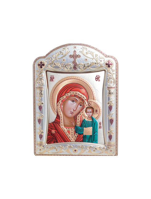 Icona Ortodossa Madonna con Bambino Quadretto in Legno e Argento con Vetro
