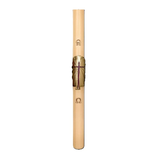 Cero Pasquale in Cera d'Api 80x1200 mm Decoro Bassorilievo Gesù Risorto Stilizzato con Anno Applicato e con Rinforzo in Metallo