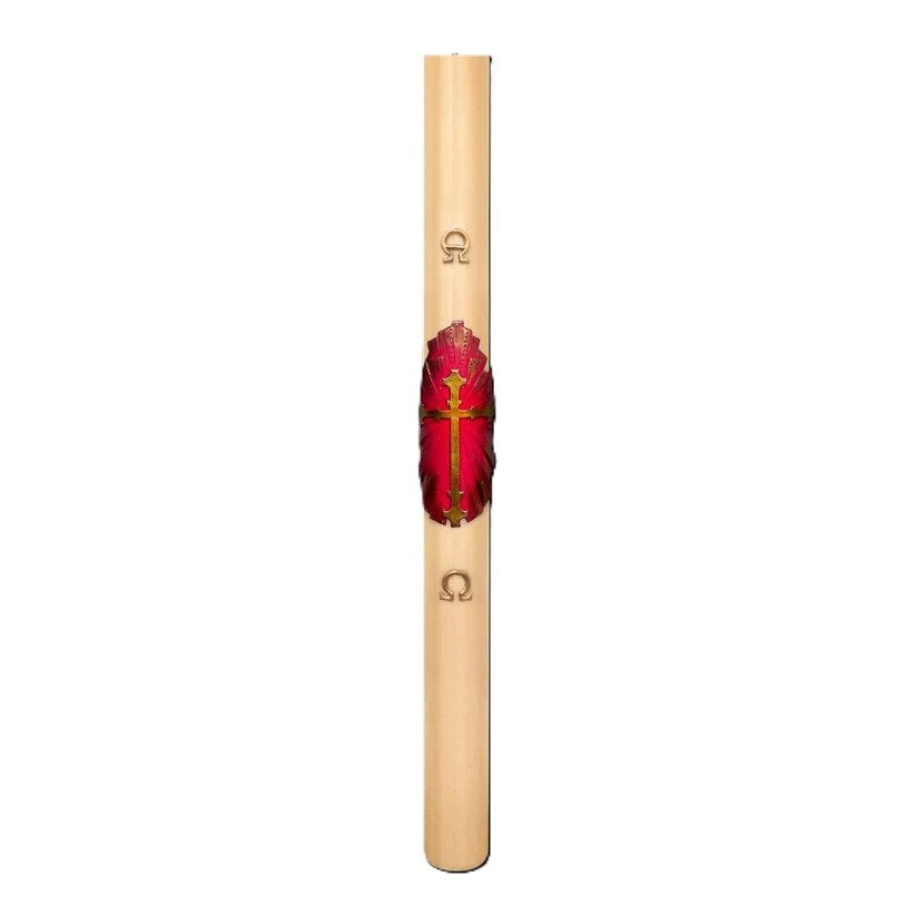 Cero Pasquale in Cera d'Api 80x1200 mm Decoro Bassorilievo Croce Antica con Fondo Rosso con Anno Applicato e con Rinforzo in Metallo