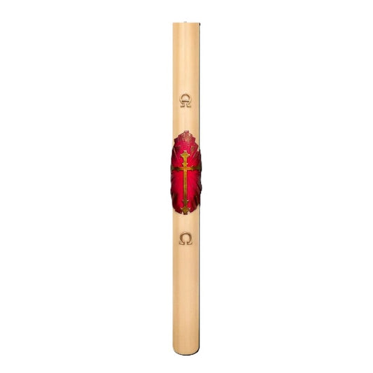 Cero Pasquale in Cera d'Api 80x1200 mm Decoro Bassorilievo Croce Antica con Fondo Rosso con Anno Applicato e con Rinforzo in Metallo