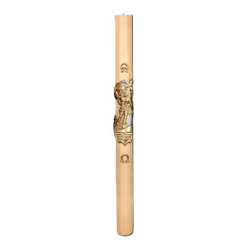Cero Pasquale in Cera d'Api 80x1200 mm Decoro Bassorilievo Gesù Risorto con Anno Applicato e con Rinforzo in Metallo
