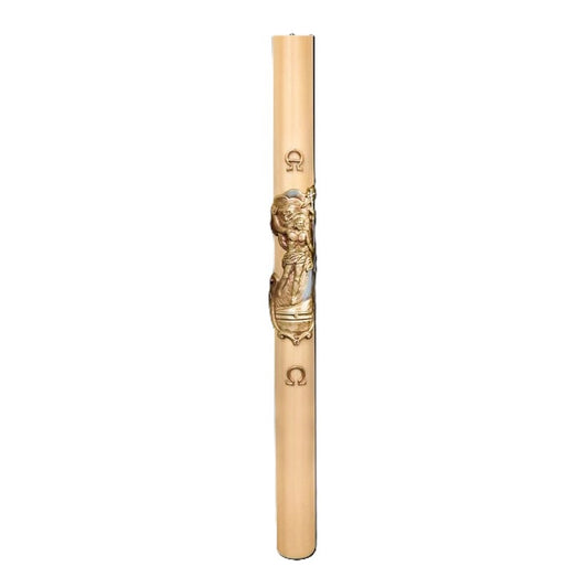 Cero Pasquale in Cera d'Api 80x1200 mm Decoro Bassorilievo Gesù Risorto con Anno Applicato e con Rinforzo in Metallo