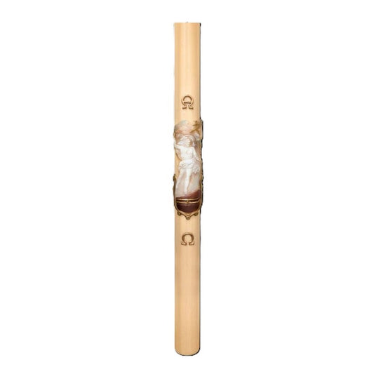 Cero Pasquale in Cera d'Api 80x1200 mm Decoro Bassorilievo Gesù Risorto con Anno Applicato e con Rinforzo in Metallo