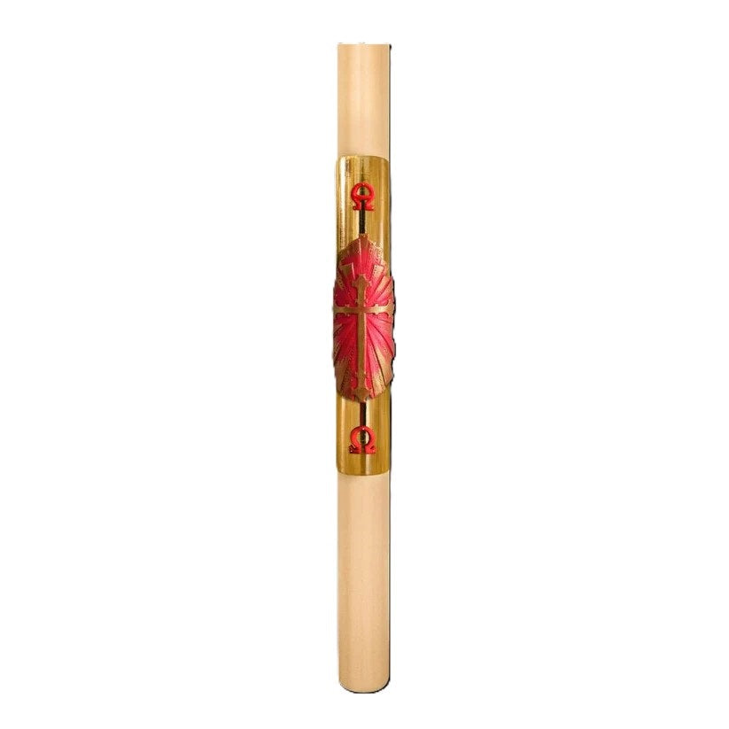 Cero Pasquale in Cera d'Api 80x1200 mm Decoro Foglia Oro Bassorilievo Croce con Anno Applicato e con Rinforzo in Metallo