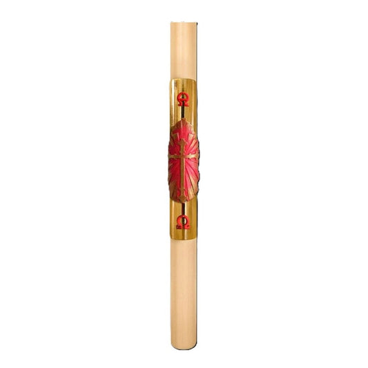 Cero Pasquale in Cera d'Api 80x1200 mm Decoro Foglia Oro Bassorilievo Croce con Anno Applicato e con Rinforzo in Metallo