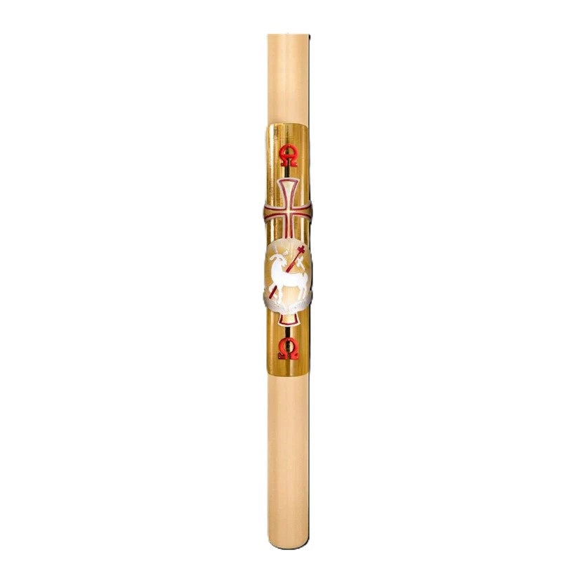 Cero Pasquale in Cera d'Api 80x1200 mm Decoro Foglia Oro Bassorilievo Agnello con Anno Applicato e con Rinforzo in Metallo