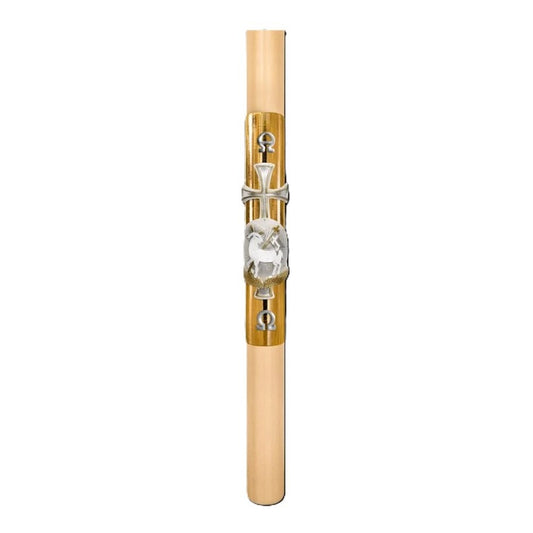 Cero Pasquale in Cera d'Api 80x1200 mm Decoro Foglia Oro Bassorilievo Agnello con Anno Applicato e con Rinforzo in Metallo