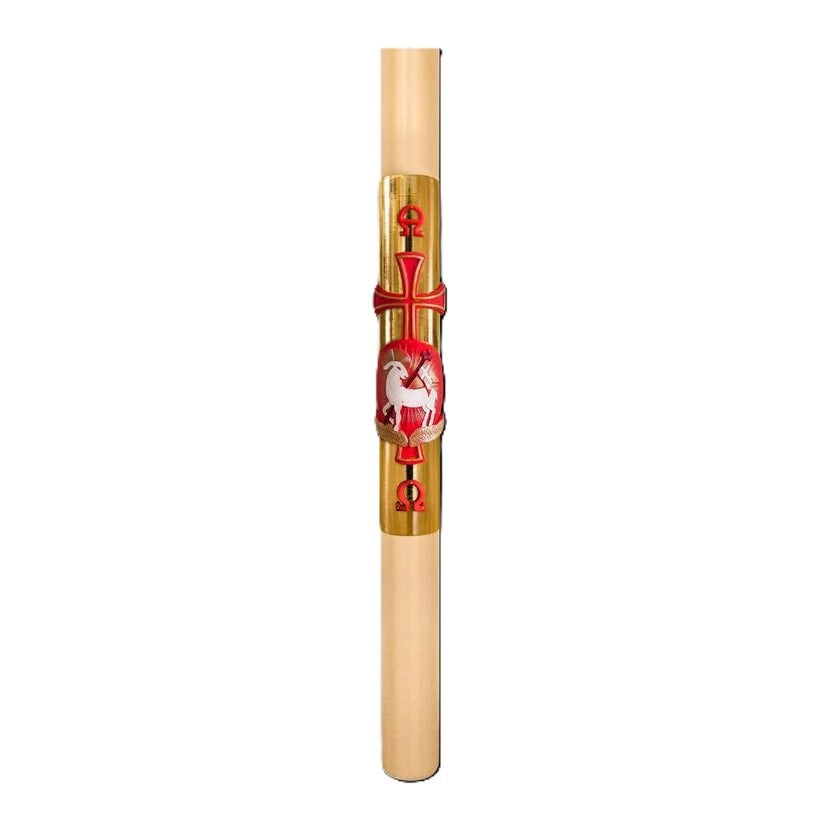 Cero Pasquale in Cera d'Api 80x1200 mm Decoro Foglia Oro Bassorilievo Agnello con Anno Applicato e con Rinforzo in Metallo