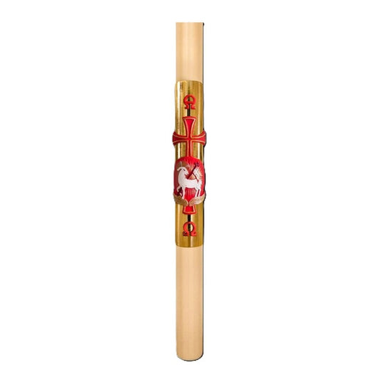 Cero Pasquale in Cera d'Api 80x1200 mm Decoro Foglia Oro Bassorilievo Agnello con Anno Applicato e con Rinforzo in Metallo