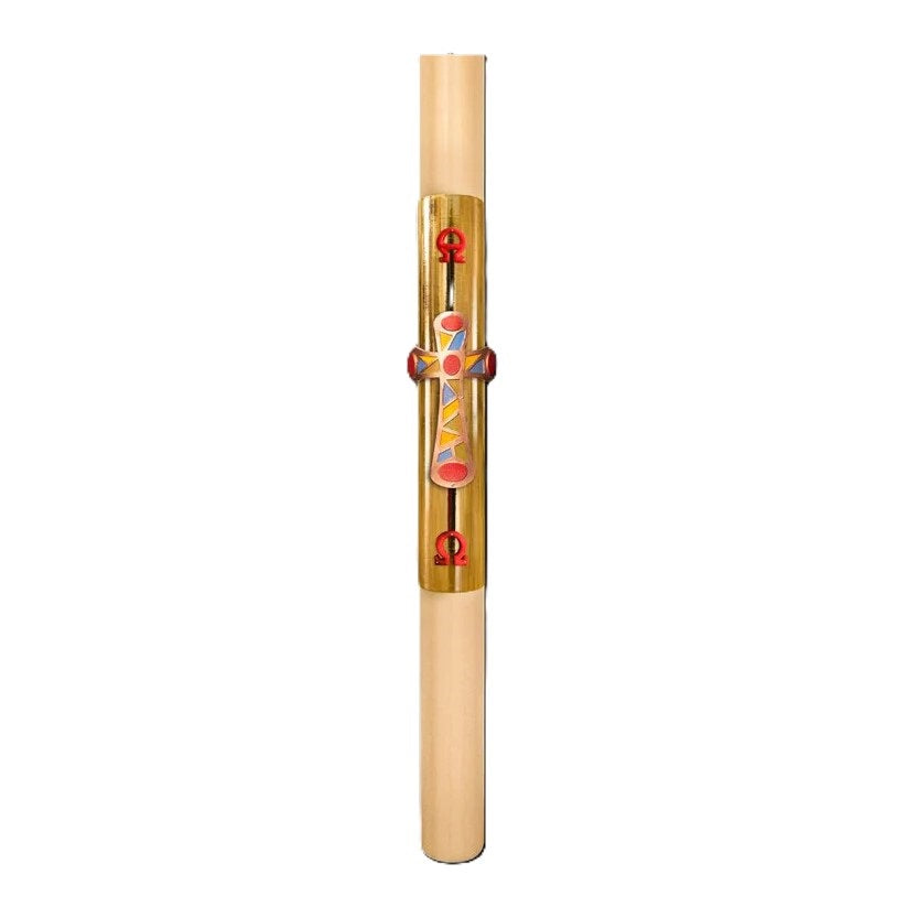 Cero Pasquale in Cera d'Api 80x1200 mm Decoro Foglia Oro Bassorilievo Croce con Mosaico con Anno Applicato e con Rinforzo in Metallo